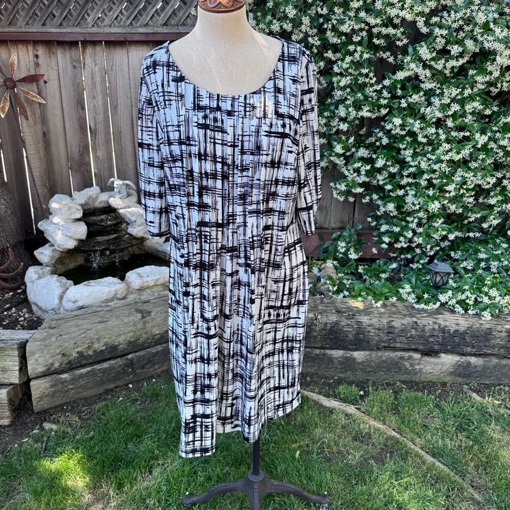 Perceptions NY Black & White Abstract Dress Pleats 3/4 Sleeve Women's Size XL